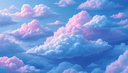 Whimsical pastel clouds floating serenely in a bright blue sky at sunset
