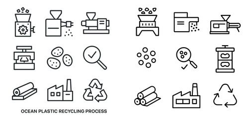 Ocean plastic recycling process icons for eco-friendly awareness and design