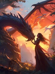 Anime illustration of a young woman in a serene fantasy landscape, gazing up at a majestic dragon with wings spread wide, wearing dress and helmet with dragon scales, ancient ruins, setting sun.