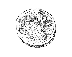 Grilled Steak with Vegetables on Plate – Hand Drawn Line Art Illustration-simple outline.