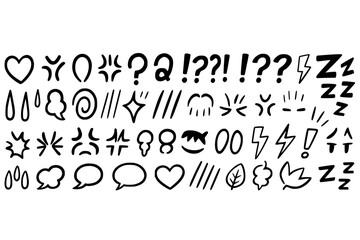 black-and-white manga character emotion symbols, used above or near heads in comics to express feelings. Include: Sweat drops (nervousness or confusion), Anger veins (stress marks), Popping forehead 