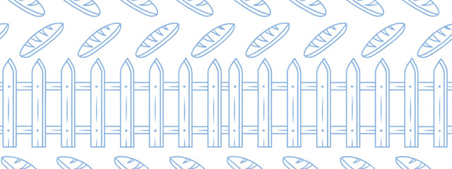 Seamless minimalist pattern with outlined baguettes and wooden fence illustration in soft blue on white. Perfect for bakery branding, fabric prints, or rustic-themed packaging designs.
