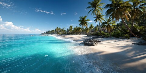 Sunny tropical Caribbean beach with palm trees and turquoise water, Caribbean island vacation, hot summer day, 8k Image