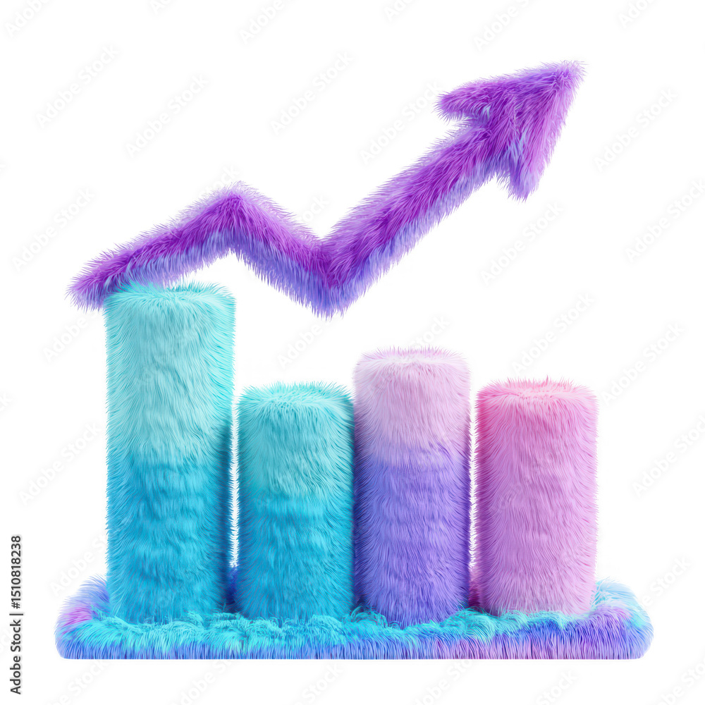 Poster fluffy furry bar graph chart with upward arrow isolated on transparent background