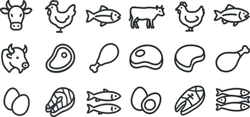 Farm animal and food icon set for cooking and menu design
