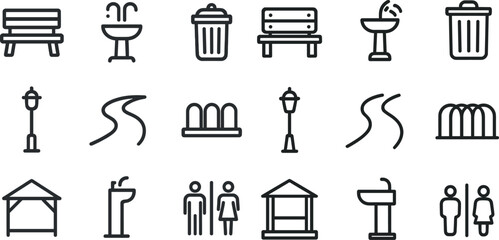 Outdoor park and recreation icons: benches, fountains, and pathways for design projects