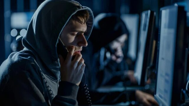 Group of scammer wearing a hoodie is talking on a cell phone, fraud and criminal concept