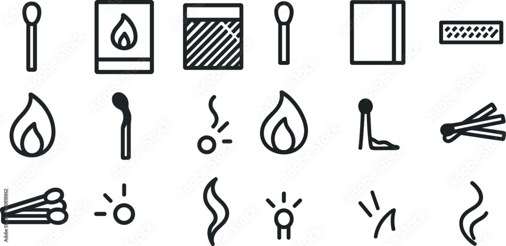 Poster minimalist matchstick and flame icon set for design projects