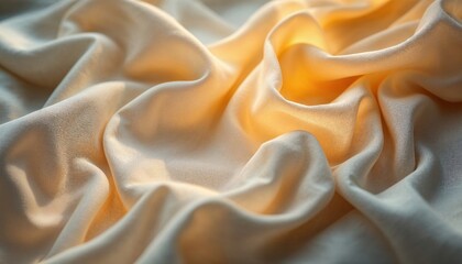 Elegant soft linen fabric with gentle folds displaying warm golden light in natural textures