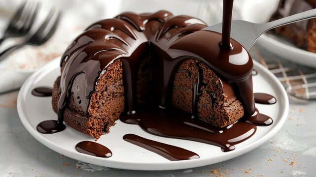 A delicious chocolate bundt cake topped with glossy ganache sits elegantly on a plate, showcasing its moist texture and appealing design