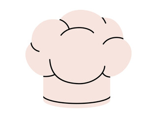 Hand drawn cute cartoon illustration of chefs cap. Flat vector restaurant cooker hat doodle. Culinary uniform. Healthy eating sticker, icon. White baker head. Cuisine professional wear. Isolated.