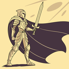 Illustration of a knight in armor with a sword and cape