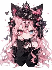Anime illustration of a young girl with pink hair, blue eyes, cat ears, wearing black dress adorned with butterflies and hearts.