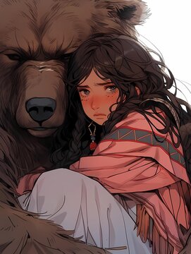 Young woman with sad expression, twin braids, standing with brown bear.