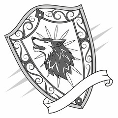 Heraldic Shield with Wolf Head and Banner in Black and White