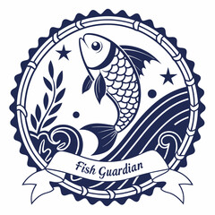 Elegant Fish Guardian Emblem with Stars and Ribbon in Navy Blue