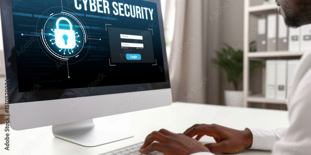 Poster cyber security system on computer screen protect private information brisk from hacker and cyber att