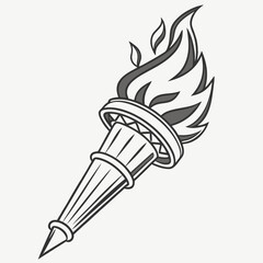 Stylized Torch with Flame Illustration in Black and White Outline