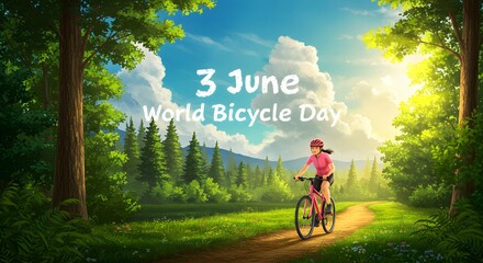 Woman riding bicycle on dirt path in forest with world bicycle day june text above her