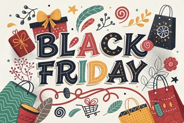 Obraz premium Hand-Drawn Black Friday Sale Poster Festive Design with Gifts and Shopping Bags