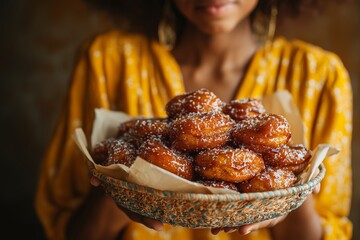 Woman holding basket filled with koeksisters, South African fried pastry, drizzled with syrup. Concept of celebration with koeksisters as a traditional festive treat.