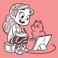A Cute Girl With a Cat Using a Drawing Tablet
