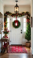 A festive holiday foyer decorated with a garland, wreaths, and ornaments, creating a warm and inviting entrance to a home , minimalist, fireplace