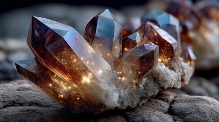 Smoky quartz crystal cluster with glowing inclusions on textured stone