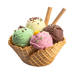 crispy golden waffle texture and various flavors of ice cream on a white background