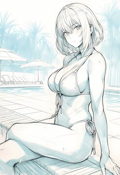 Woman illustration, lounging by pool, wearing bikini, relaxed summery vibe, anime style.