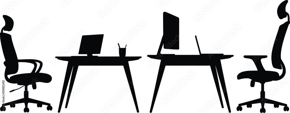 Poster silhouette of two office setups with desks chairs and computers against a white background space for