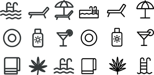 Summer icons set with pool, cocktail, and beach elements
