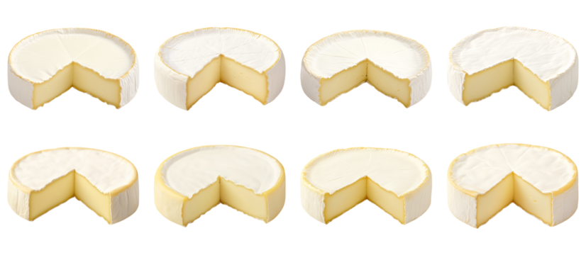 Collection of various A round of brie cheese with a slice taken out, highlighting its soft, creamy texture and white edible rind isolated on white transparent background PNG set
