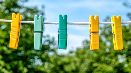 Bright colorful clothespins hanging on outdoor clothesline under sunny sky ideal for laundry tutorials home organization DIY photography and lifestyle blogs