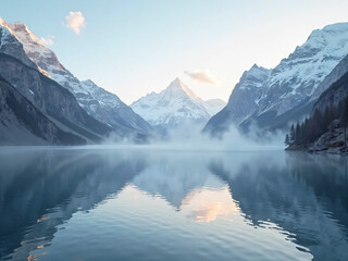 A serene mountain lake reflecting the snow-covered peaks at sunrise, photorealistic