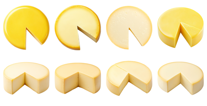 Collection of various A wheel of gouda cheese with a wedge cut out, displaying its creamy yellow interior and wax-coated rind isolated on white transparent background PNG set