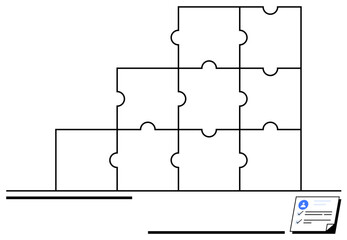 Puzzle pieces forming a stacked structure symbolize collaboration, teamwork, and problem-solving. A completed checklist signifies goal achievement. Ideal for collaboration, strategy, planning