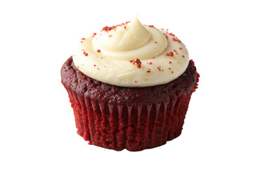 A Red Velvet Cupcake with White Frosting and a Raspberry on Top Isolated on Transparent Background