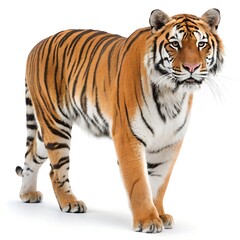 Naklejka premium A realistic tiger standing on a white background. It has a vibrant orange coat with black stripes, a white underbelly, and a powerful build. The tiger's face features intense eyes, a pink nose.