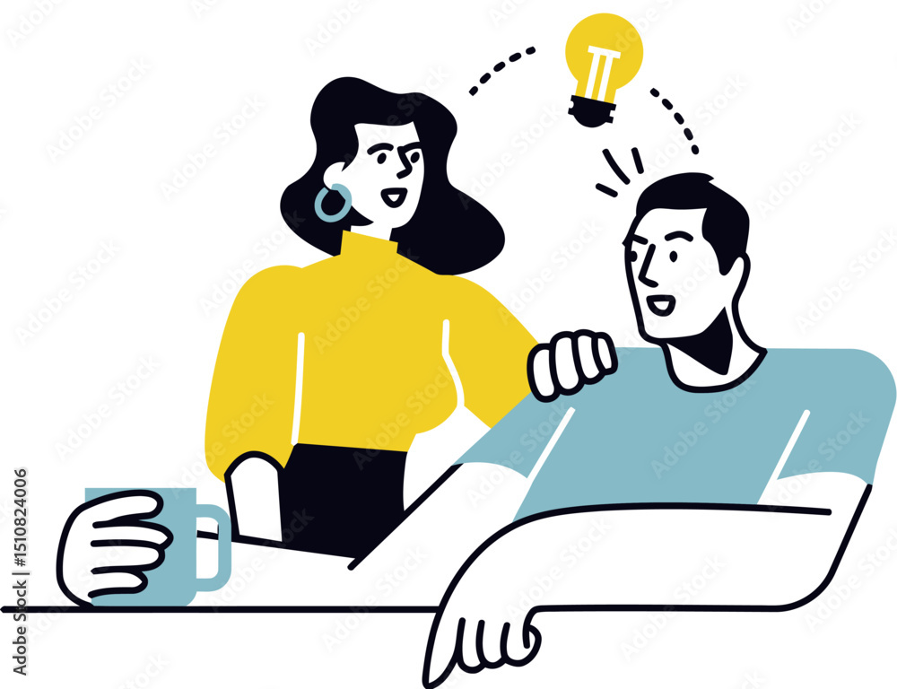 Poster illustration of brainstorming teamwork collaboration idea generation and problem solving in business