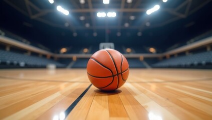 Energetic basketball arena filled with vibrant crowd. Fans in motion, excited before game. Banner area empty. Hardwood court ready for action. Indoor sport venue. Thrilling sports event. Athletic