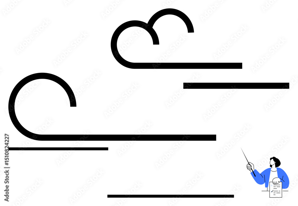 Poster curved abstract lines symbolizing wind flow. individual with a pointer and document emphasizes under