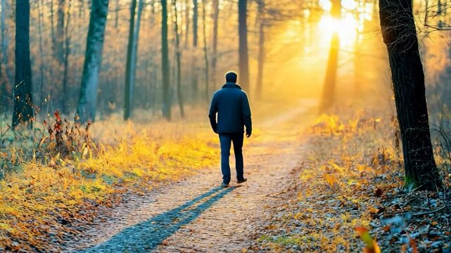 Man Walking Alone into a Forest During Sunrise &ndash; Solitude and Emotional Healing 4K clip