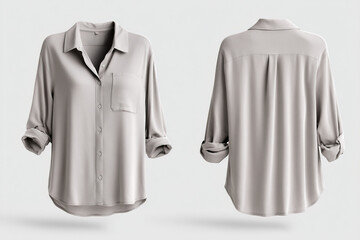 Elegant long-sleeved collared shirt. Neutral color. Front button closure. Relaxed fit.