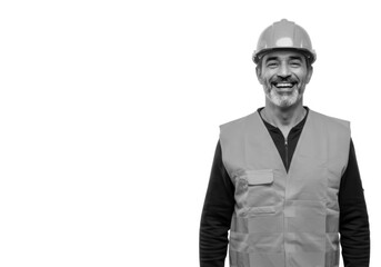 Happy construction worker in safety vest and helmet