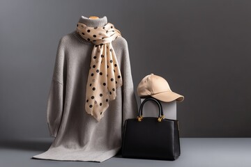 Stylish arrangement of a sweater dress, polka dot scarf, cap, and handbag.