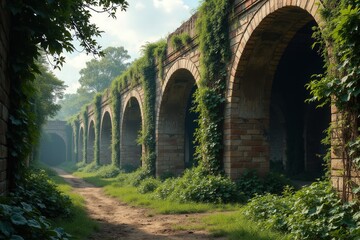 Abandoned arches overgrown with lush greenery in serene landscape