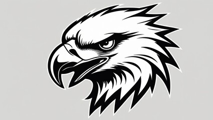Close-up black and white graphic of an eagle's head