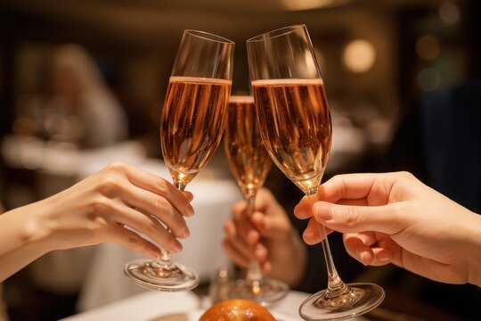 シャンパングラスを掲げて乾杯する複数の手