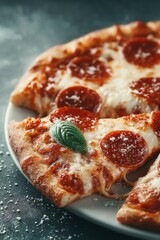 Steaming hot pepperoni pizza slice with melting cheese, close-up. Delicious fresh pizza with strands of melted cheese.	
